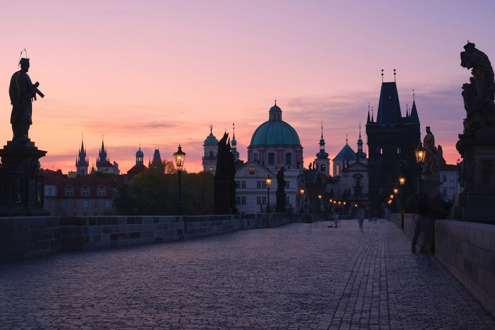Prague, the old town roofs and spires in winter