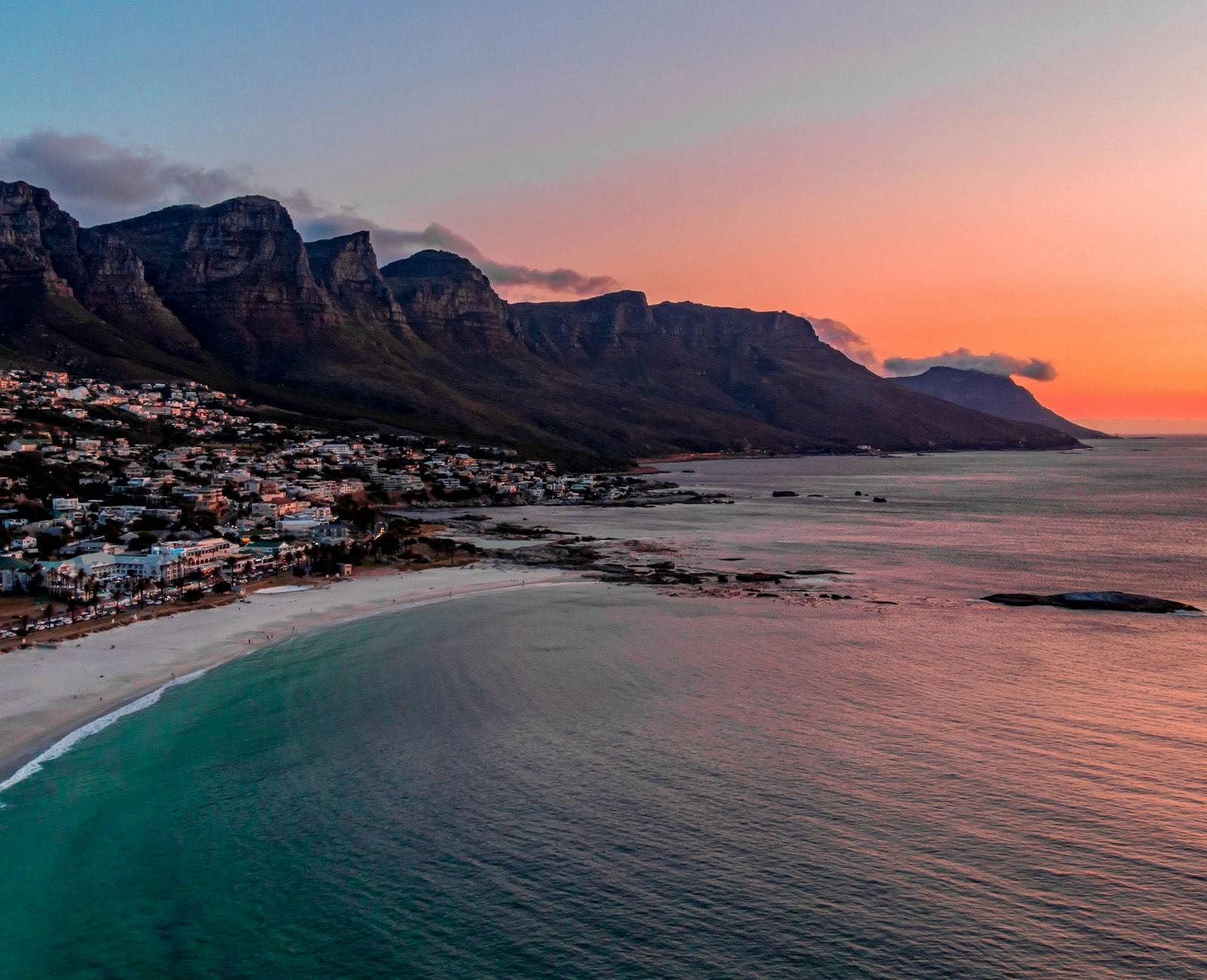 Camps Bay and the Twelve Apostles at sunset, Cape Town
