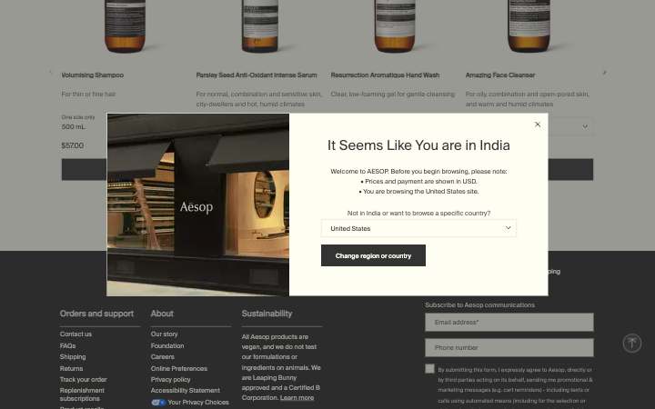 Aesop homepage